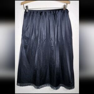 Vanity Fair Size Medium Black Satin Midi Half Slip with Lace Hem